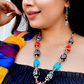 Long Silver Boho Fashion Necklace With Red and Blue Beads and Earrings