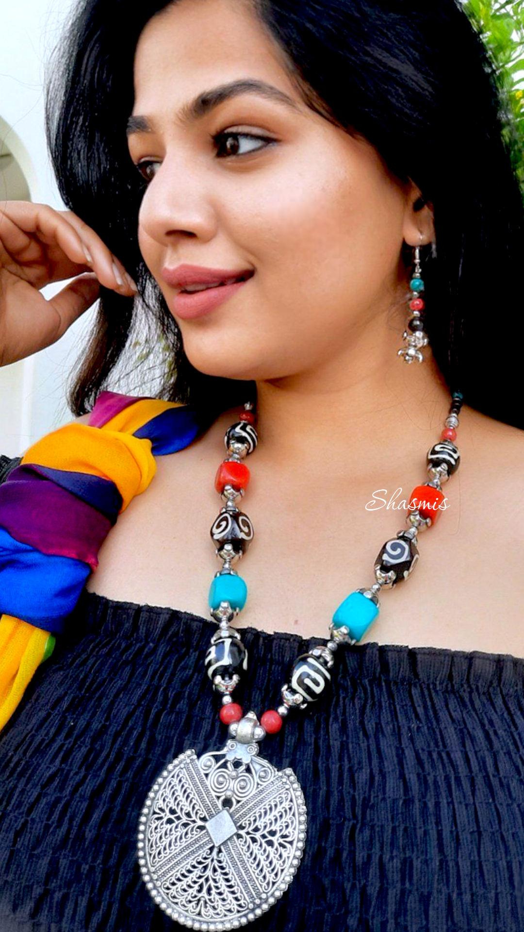 Long Silver Boho Fashion Necklace With Red and Blue Beads and Earrings