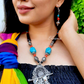 Turquoise and Red Beads Peacock Feather Necklace With Earrings