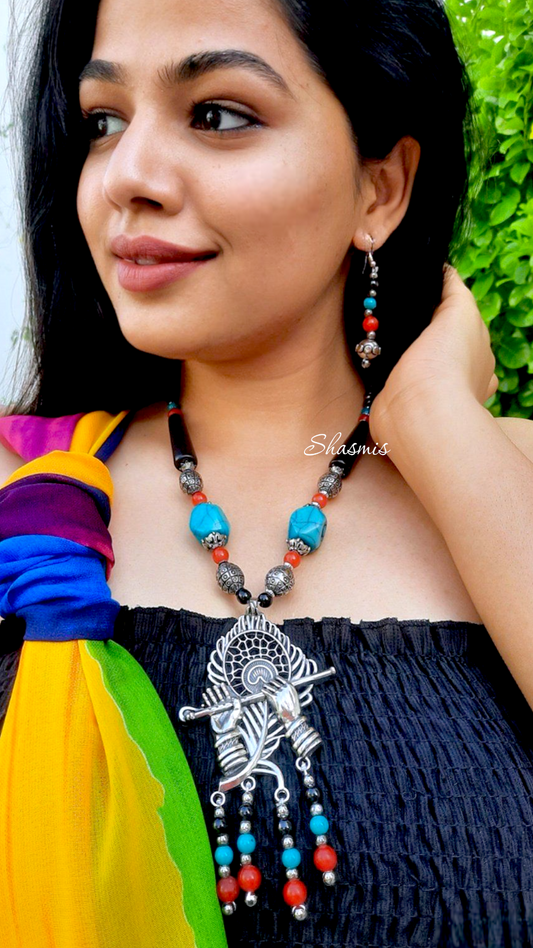 Turquoise and Red Beads Peacock Feather Necklace With Earrings