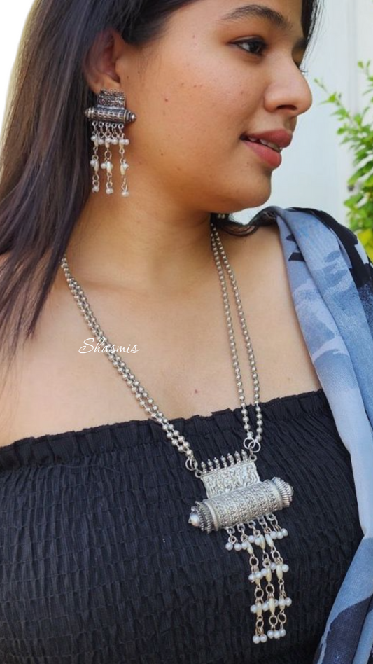 Long Drop Silver necklace With Pearls and Ghungroo On Drop with Earrings