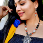 White and Black Beads Long Peacock Feather Silver Boho Necklace With Earrings