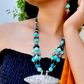 Turquoise Beads With Long Silver Necklace And Earrings