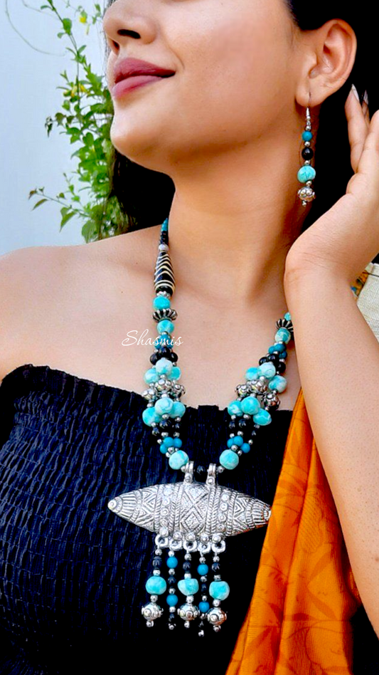 Turquoise Beads With Long Silver Necklace And Earrings