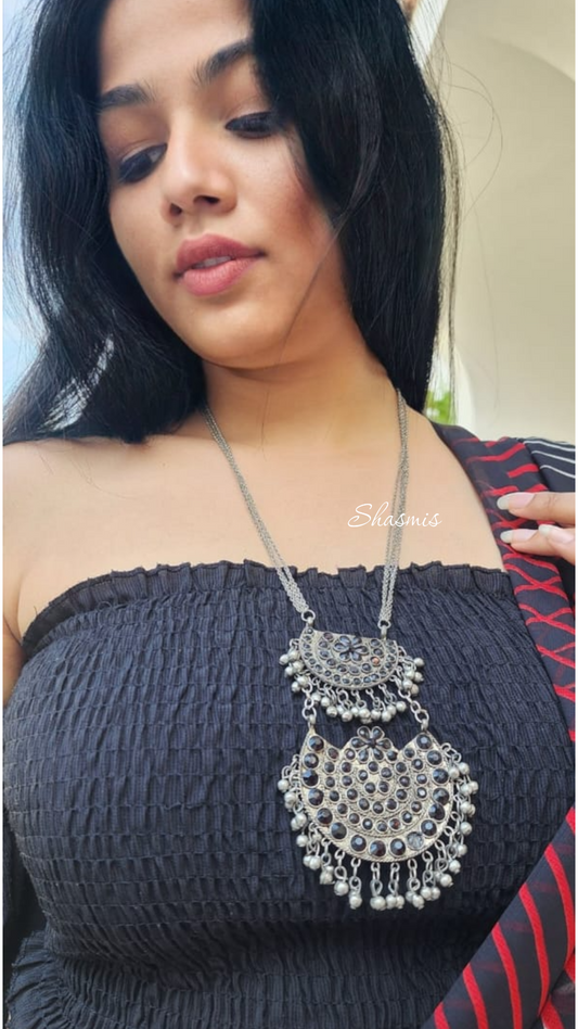 Black Stone Long Drop Ghungroo Silver Necklace