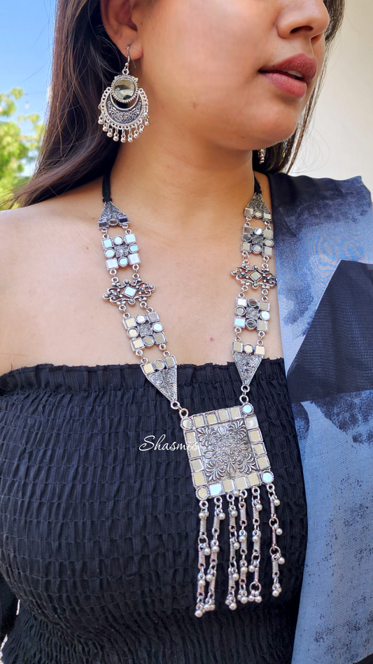 Long Mirror Necklace with Earrings