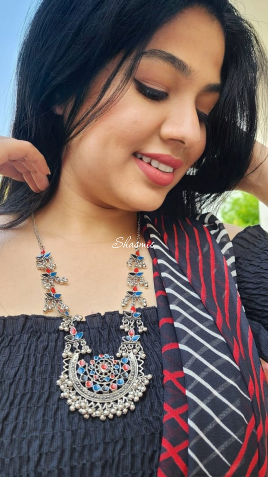 Long Drop Silver Oxidised With Color Necklace