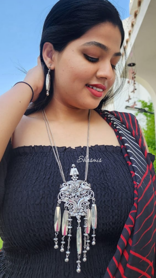Long Drop Ghungroo Silver Necklace With Earrings