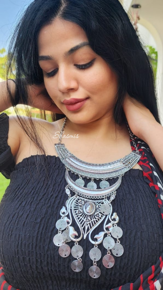 long Broad Design Pendant Silver Oxidised Necklace