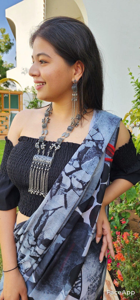Long Afghani Oxidised Necklace with Long Drop Chain Ghungroo And Earrings