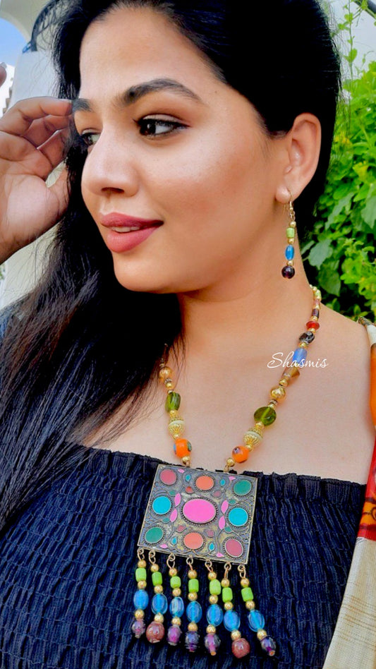 Long Multi Color Beads With Square Pendant Design Necklace And Earrings