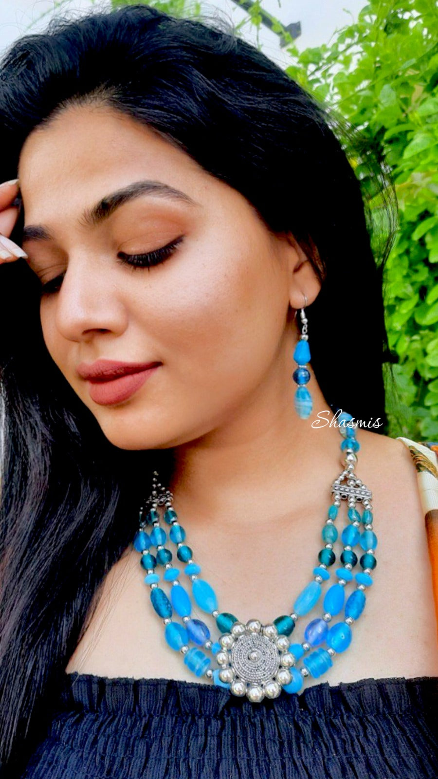 Blue Color Layer Beads With Silver Pendant Boho Fashion Necklace With Earrings