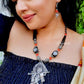 Peacock Feather With Bansuri Design Long Black And Red Beads Necklace and Earrings