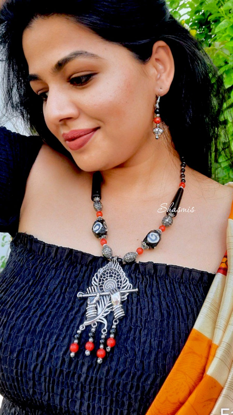 Peacock Feather With Bansuri Design Long Black And Red Beads Necklace and Earrings