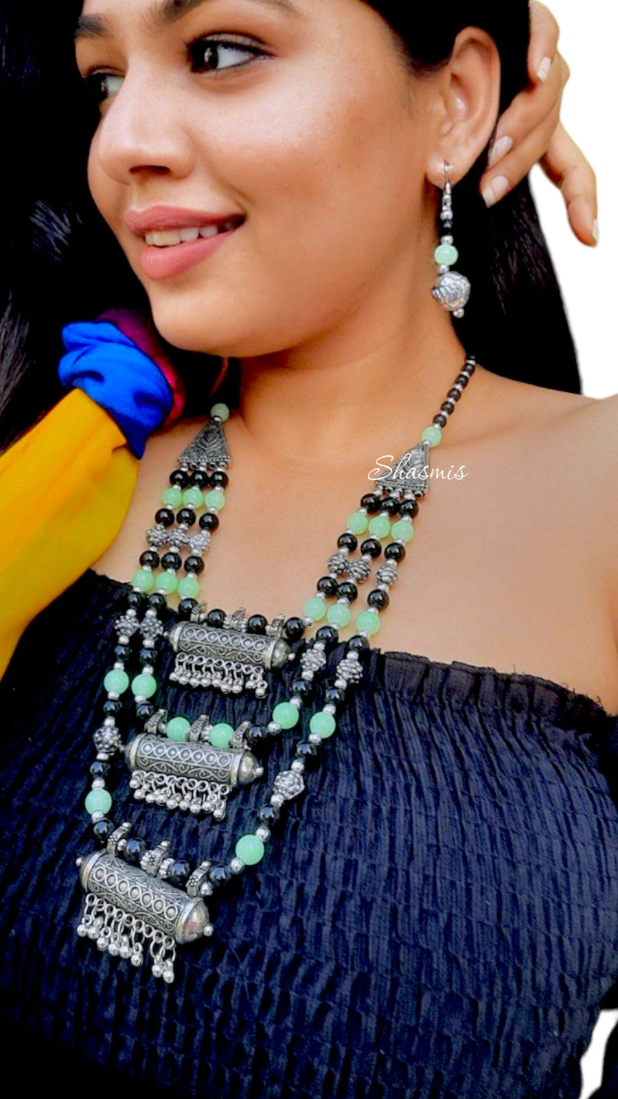 Long Layer Silver Black and Mint Green Beads Necklace With Earrings