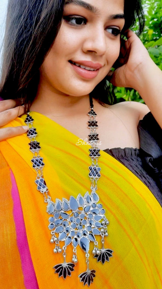 Black Color Silver Lotus Design Necklace