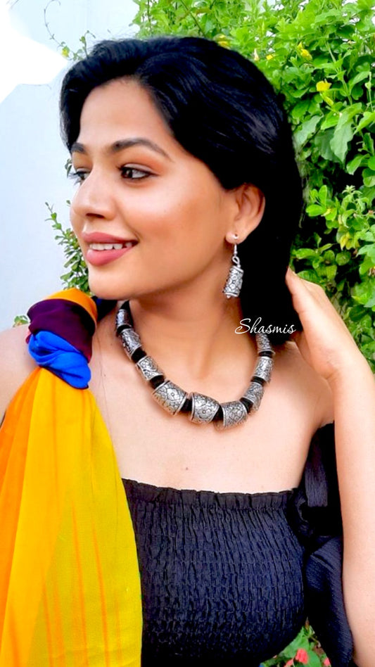 Silver Oxidised Charms Statement Necklace With Earrings