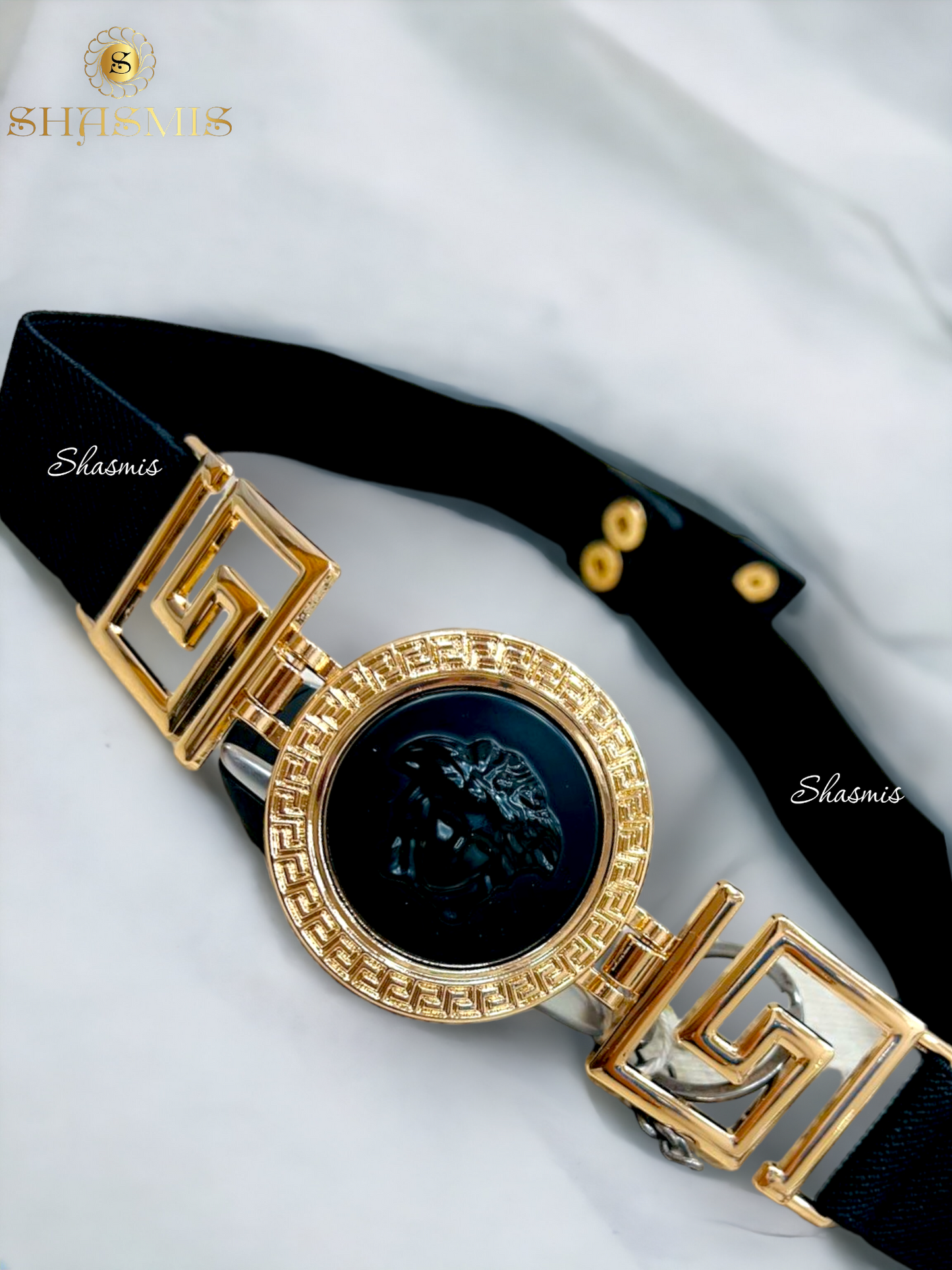 Black Color Buckle Belt With Golden Design Stretchable Belt