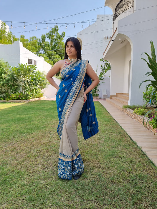 Rama Blue Color Silk Saree With Heavy Embroidery Border