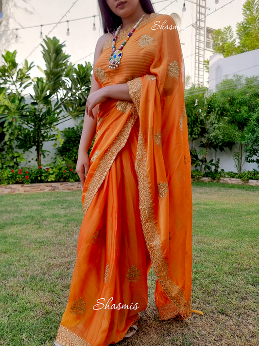 Orange Color Chiffon Saree With Embroidery On Border