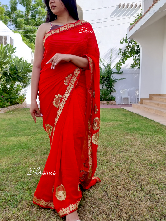 Red Color Worked On lace Silk Saree