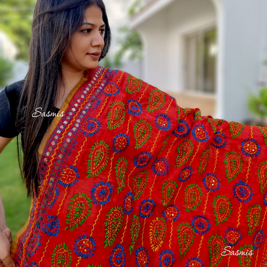 Orange Color Phulkari Embroidery Dupatta