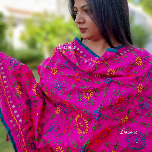 Pink Color Design Phulkari Embroidery Duppatta