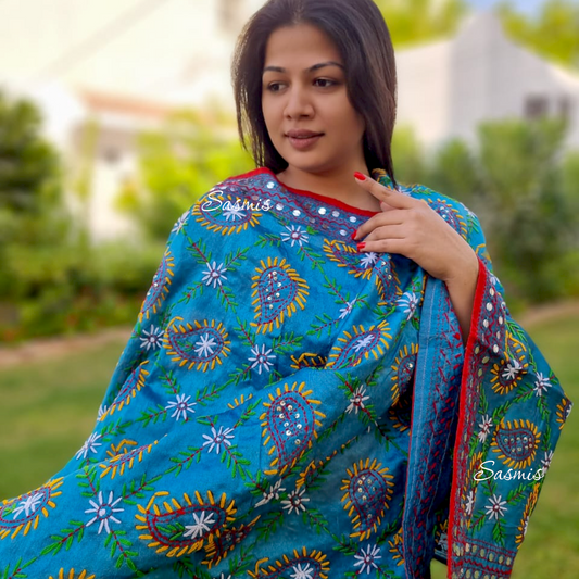 Rama Blue Color Phulkari Embroidery Dupatta