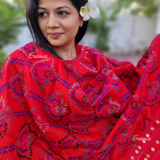 Red Color Phulkari Embroidery Dupatta