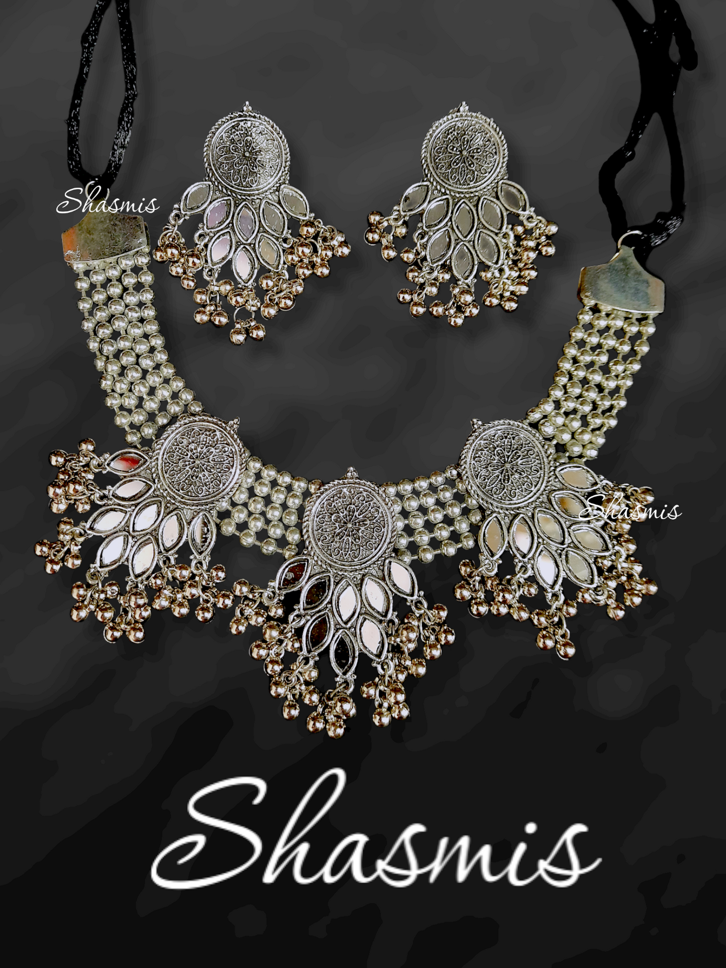 Silver Oxidised Necklace With Mirorr Choker Necklace 