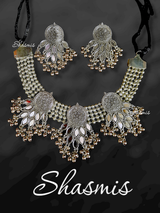 Silver Oxidised Necklace With Mirorr Choker Necklace 