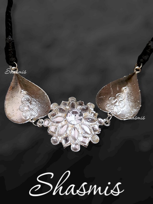 Silver Leaf Design Diamond Choker Necklace 