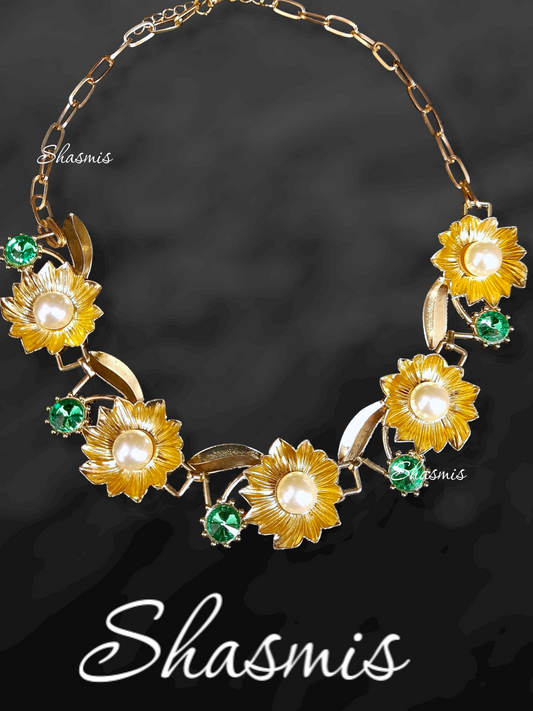 Gold Plated Pearl on Flower With Green Stone Necklace