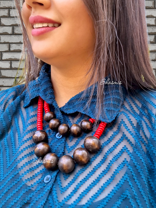 Red And Bron Wooden Beads Necklace