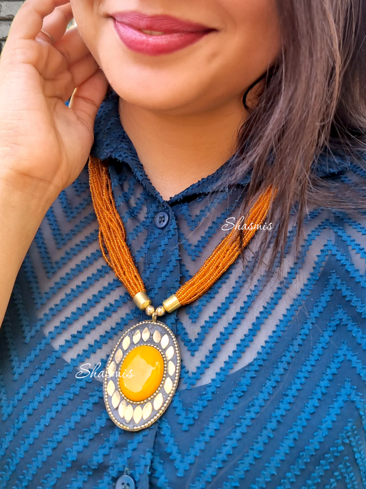 Yellow Color Beads Necklace With Oval Stone on Pendant