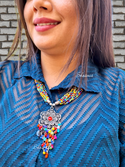 Multi Color Beads With Long Pendent Necklace 