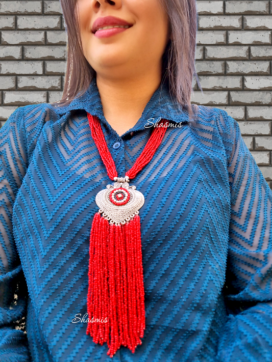 Red Color Bead Necklace with Long Pendant