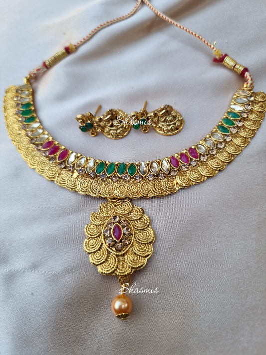 Gold Plated Ruby and Green Stone Choker With Earrings