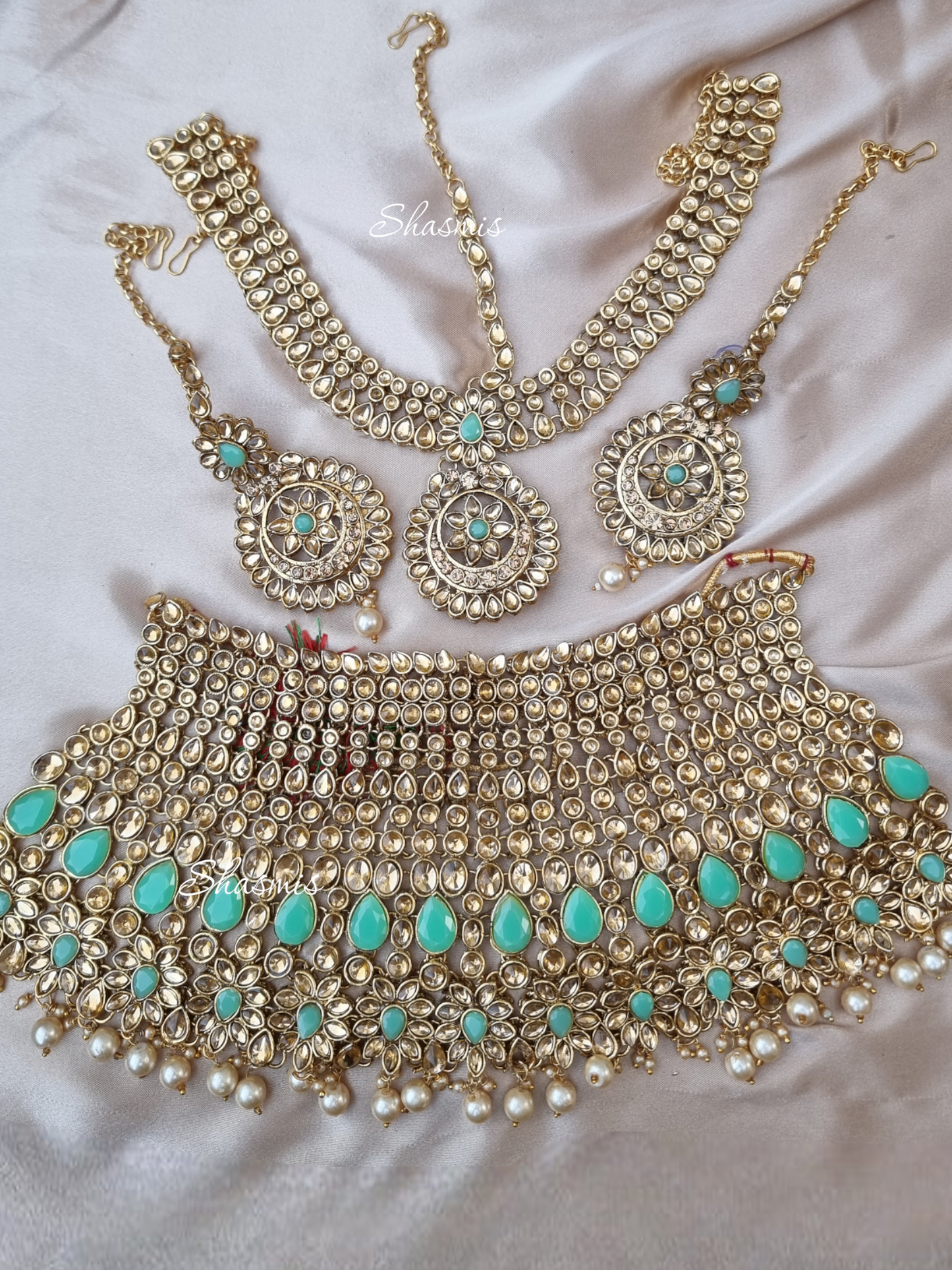 Mint Green Bridal Necklace With Mathapatti and Chain Earrings