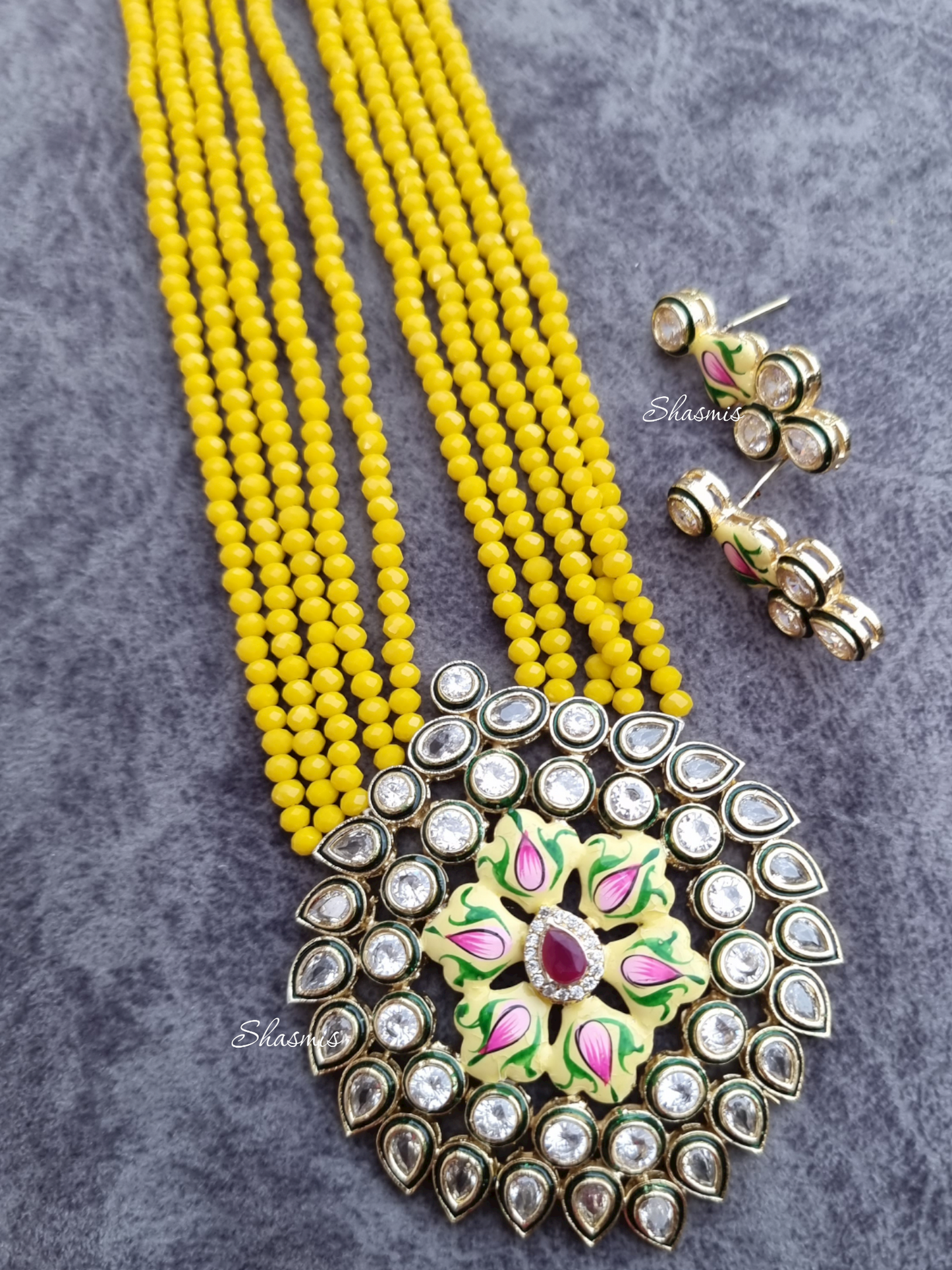 Yellow Color Polki Kundan With Hand Painted Necklace With Earrings