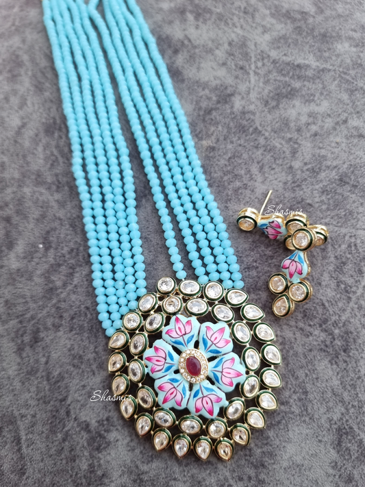 Sky Blue Color Polki Kundan With Hand Painted Lotus Design Necklace