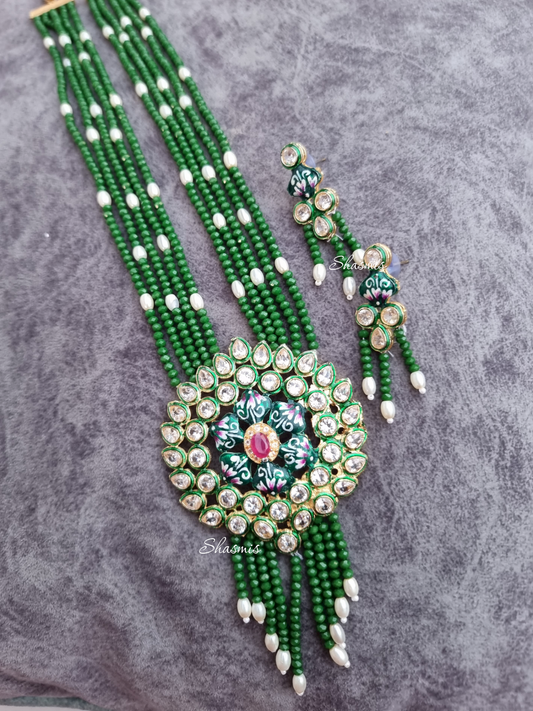 Green Color Long Polki Kundan Necklace With Earrings