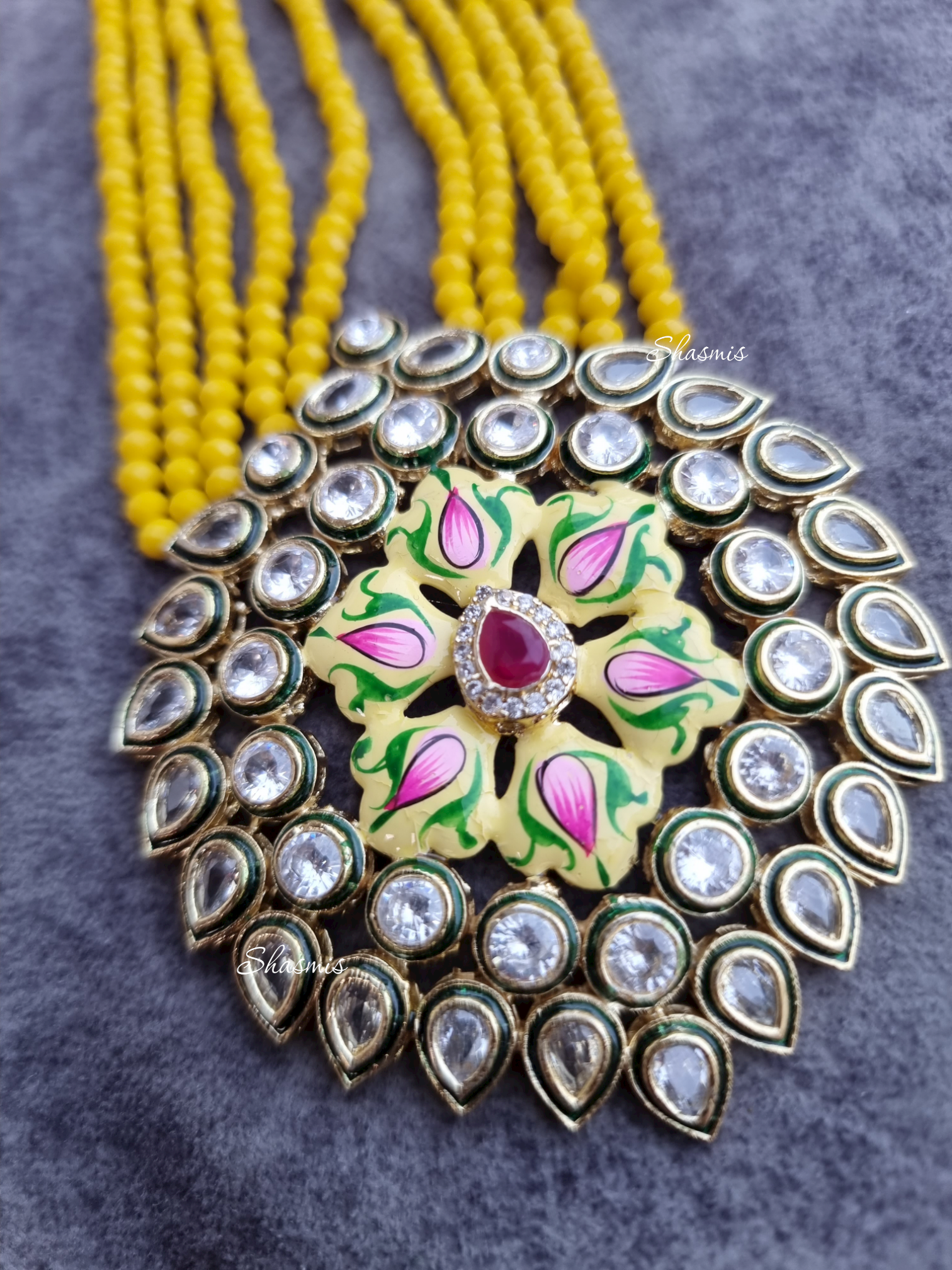 Yellow Color Polki Kundan With Hand Painted Necklace