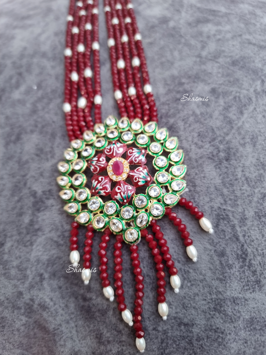 Maroon Color Long Beaded and Polki Kundan Necklace With Hand Printed Design 