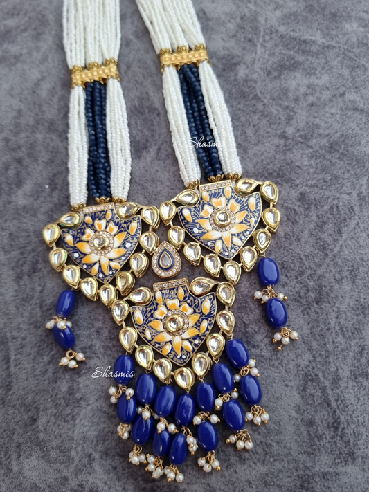 Blue Color Kundan Necklace With Wide Pendent 