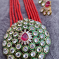 Red Color Long Beaded Polki Kundan Necklace With Earrings