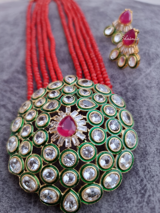 Red Color Long Beaded Polki Kundan Necklace With Earrings