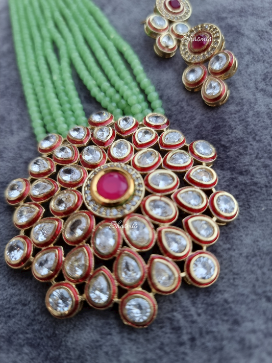 Mint Green Color Beaded Necklace And Earrings With Premium Quality Kundan