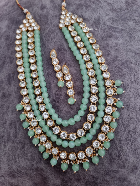 Light Green Layered Rheinstone Necklace With Earrings