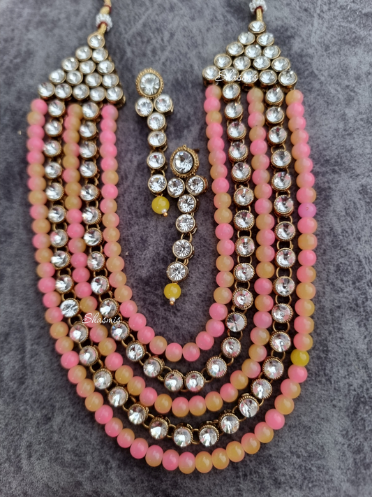 Pink And Yellow Color Glass Kundan Layer Necklace 